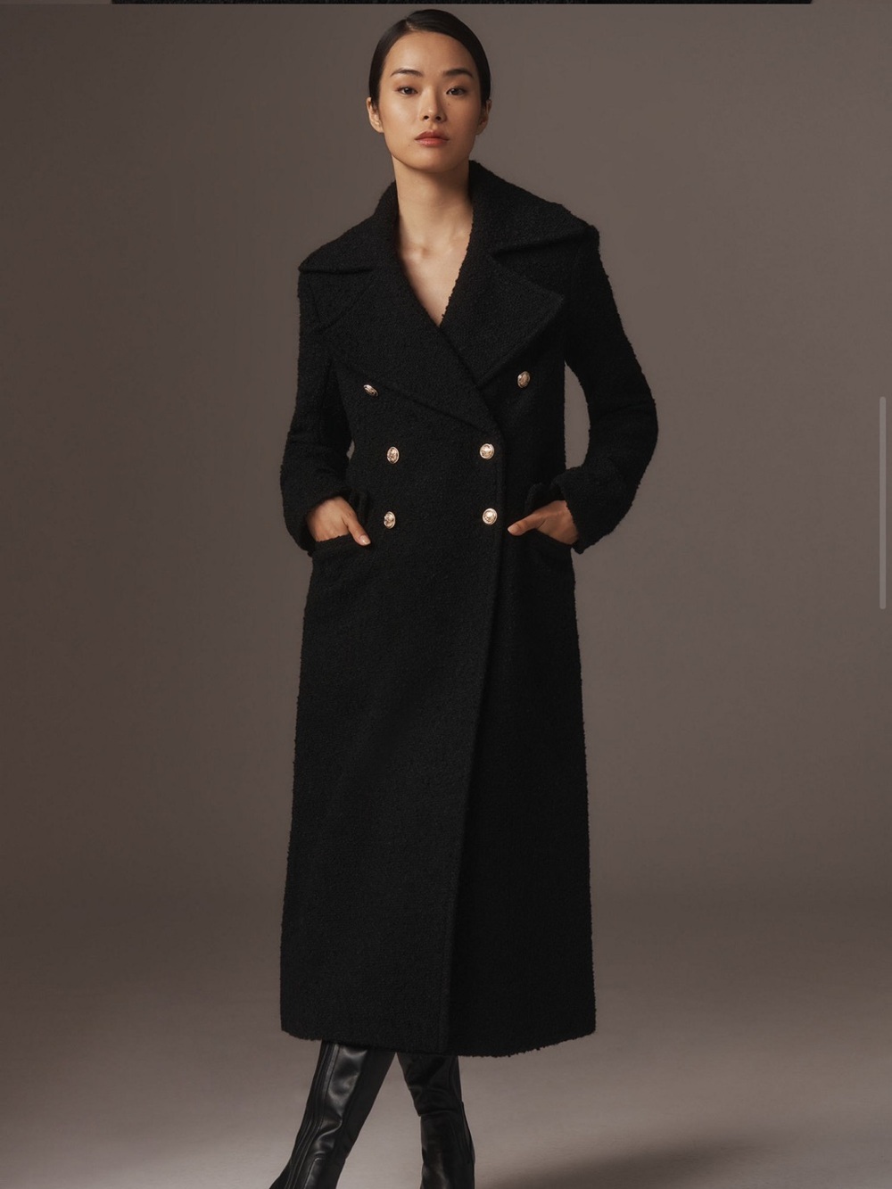 Maeve “Sculpted Long Lady” Black Double-Breasted Teddy Trench Coat